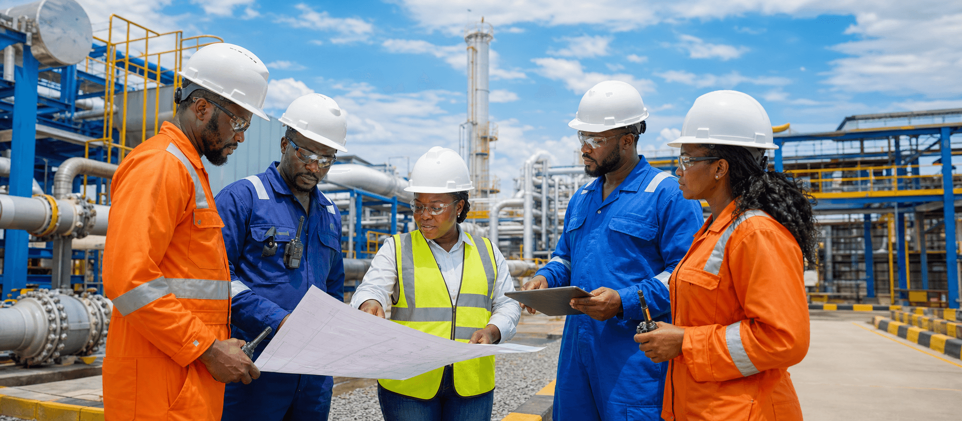 Diverse Nigerian energy professionals reviewing plans on site